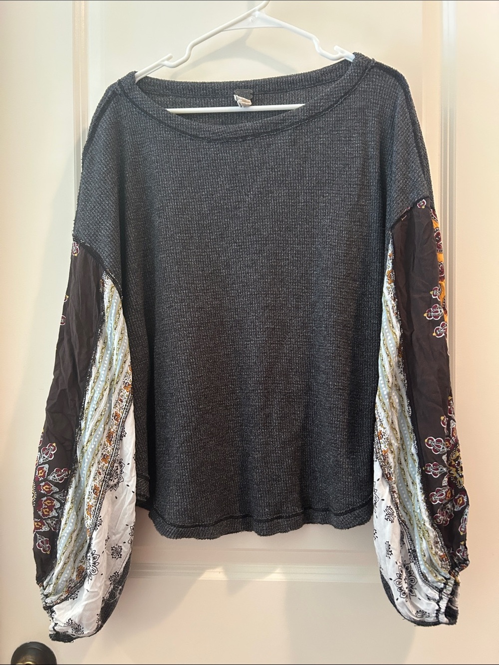 Free People We the Free Boho Festival Patchwork seams Sleeves waffle Top size L - Picture 6 of 10